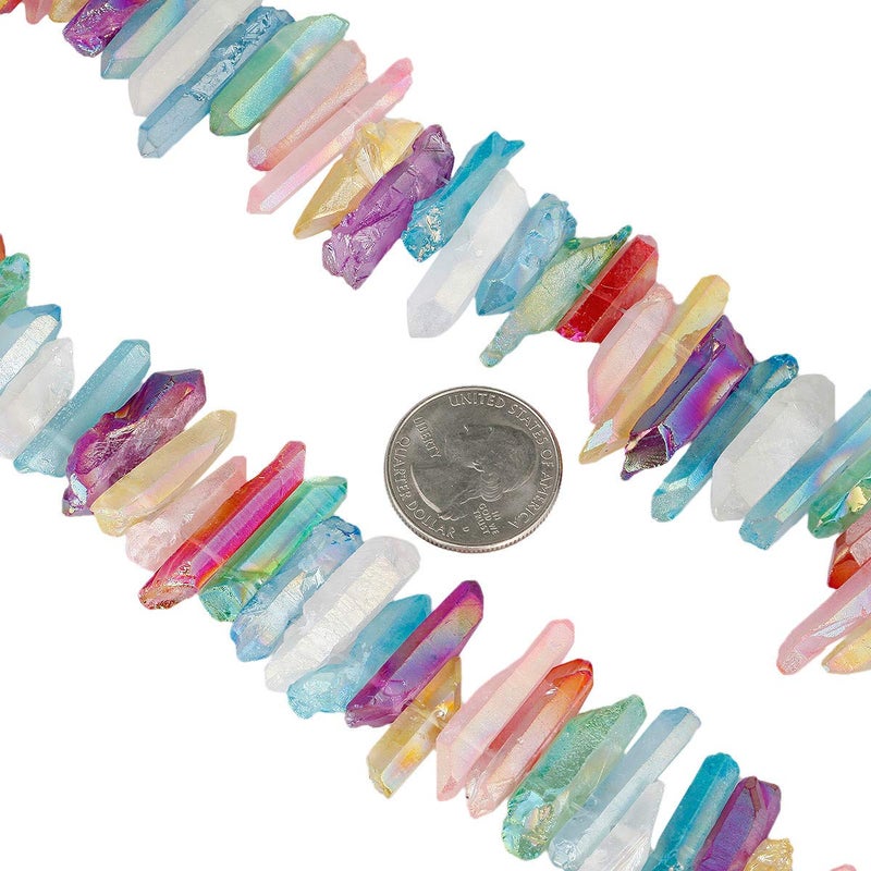 SUNYIK Assorted Color AB Aura Titanium Coated Crystal Points Quartz Rough Sticks Spikes Point Beads 15 inch Strand Drilled - Image 2